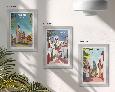 Framed triptych European cities in colorful illustrations
