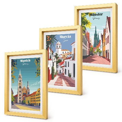 Framed triptych European cities in colorful illustrations