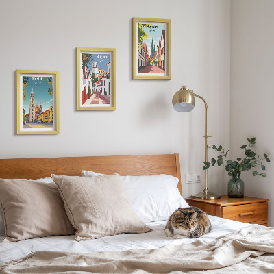 Framed triptych European cities in colorful illustrations