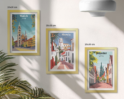 Framed triptych European cities in colorful illustrations