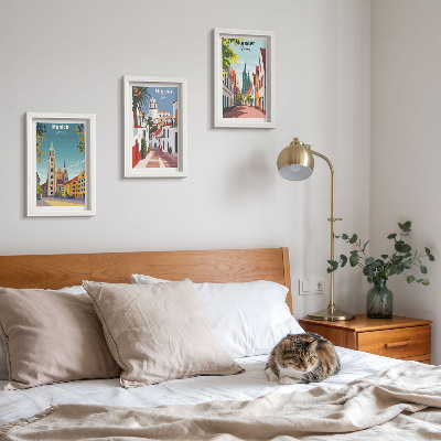 Framed triptych European cities in colorful illustrations