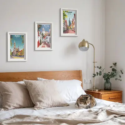 European cities colorful illustrations framed triptych