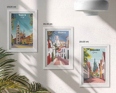 Framed triptych European cities in colorful illustrations