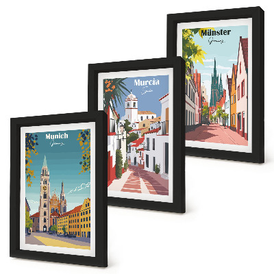 Framed triptych European cities in colorful illustrations