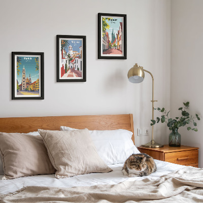 Framed triptych European cities in colorful illustrations
