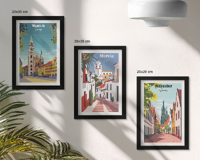 Framed triptych European cities in colorful illustrations
