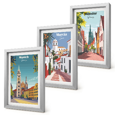 Framed triptych European cities in colorful illustrations