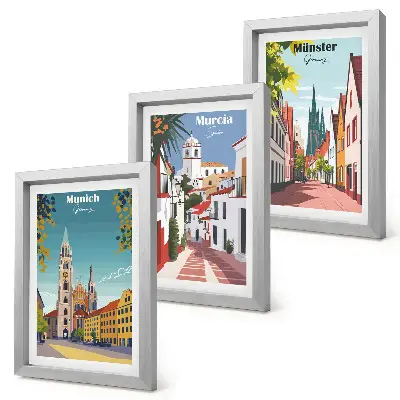 European cities colorful illustrations framed triptych
