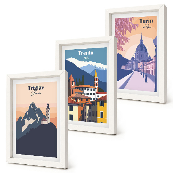 Photo frame wall Mountains and retro architecture colorful illustrations