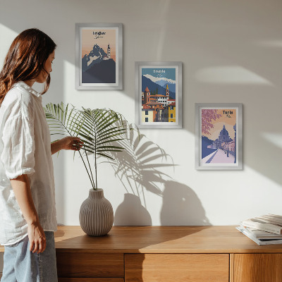 Photo frame wall Mountains and retro architecture colorful illustrations