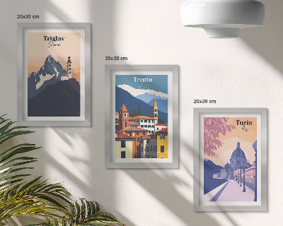 Photo frame wall Mountains and retro architecture colorful illustrations