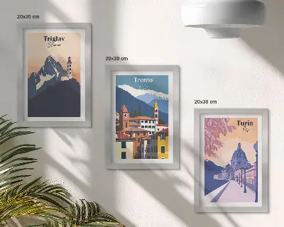 Photo frame wall with colorful mountain and retro architecture illustrations