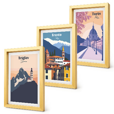 Photo frame wall Mountains and retro architecture colorful illustrations