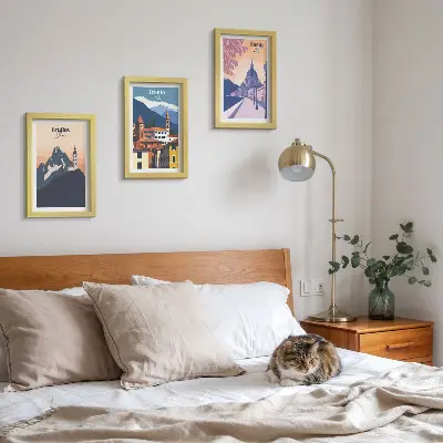 Photo frame wall with colorful mountain and retro architecture illustrations