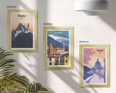 Photo frame wall Mountains and retro architecture colorful illustrations