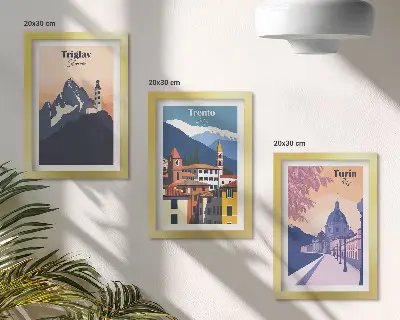 Photo frame wall with colorful mountain and retro architecture illustrations
