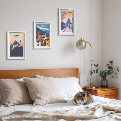Photo frame wall Mountains and retro architecture colorful illustrations