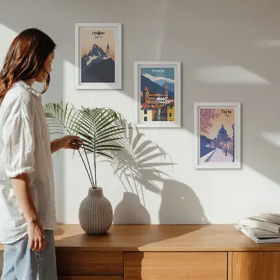 Photo frame wall with colorful mountain and retro architecture illustrations