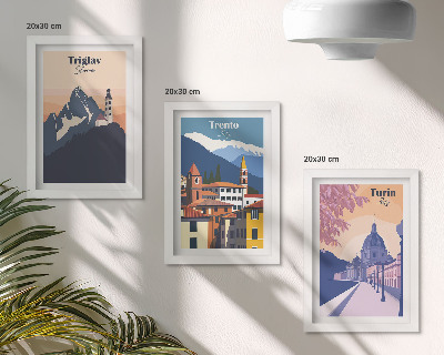 Photo frame wall Mountains and retro architecture colorful illustrations