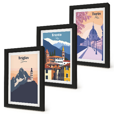 Photo frame wall Mountains and retro architecture colorful illustrations