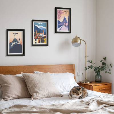 Photo frame wall Mountains and retro architecture colorful illustrations