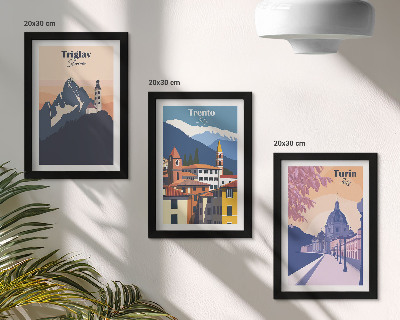 Photo frame wall Mountains and retro architecture colorful illustrations