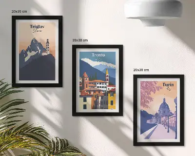 Photo frame wall with colorful mountain and retro architecture illustrations
