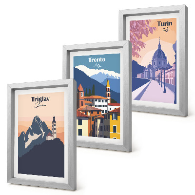 Photo frame wall Mountains and retro architecture colorful illustrations