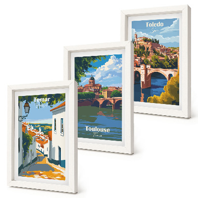 Framed triptych Retro-style graphics of famous cities