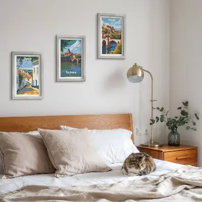 Retro-style travel city posters framed triptych set