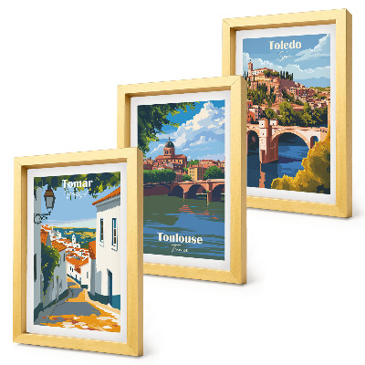 Framed triptych Retro-style graphics of famous cities