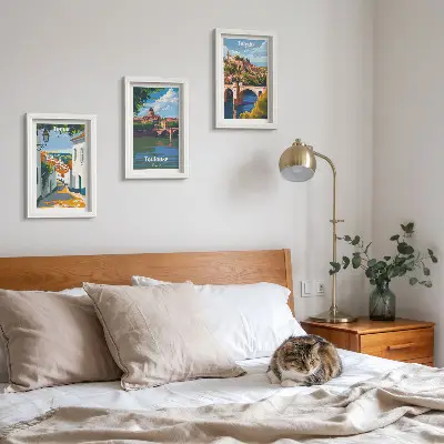 Retro-style travel city posters framed triptych set