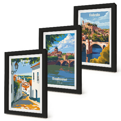 Framed triptych Retro-style graphics of famous cities