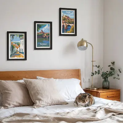 Retro-style travel city posters framed triptych set