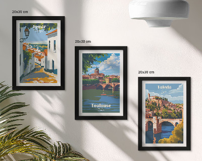 Framed triptych Retro-style graphics of famous cities