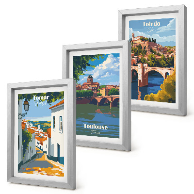 Framed triptych Retro-style graphics of famous cities