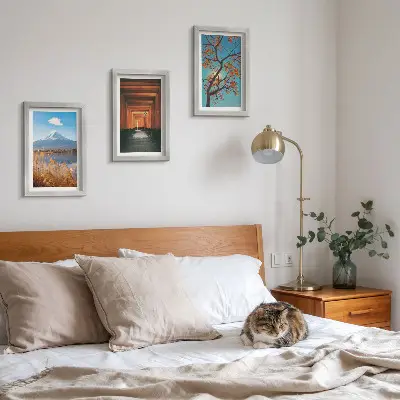 Photo frame wall featuring Japanese landscapes, nature, and architecture