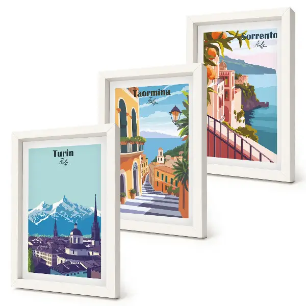 Colorful retro illustrative cityscape triptych framed wall art set