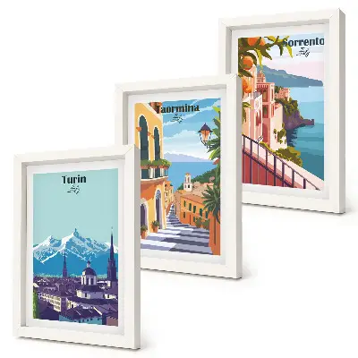 Colorful retro illustrative cityscape triptych framed wall art set