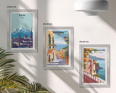 Framed triptych Colorful, retro-style illustrative cityscapes