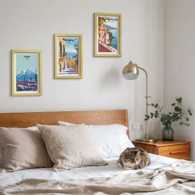 Colorful retro illustrative cityscape triptych framed wall art set