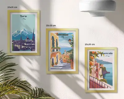 Colorful retro illustrative cityscape triptych framed wall art set
