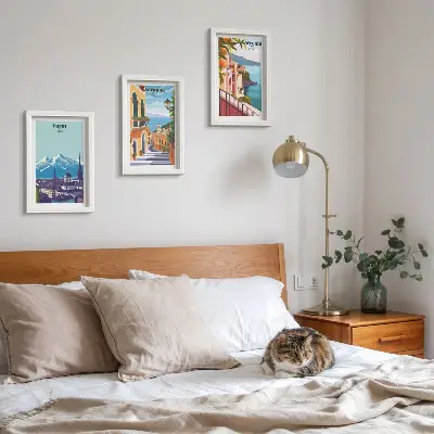 Colorful retro illustrative cityscape triptych framed wall art set