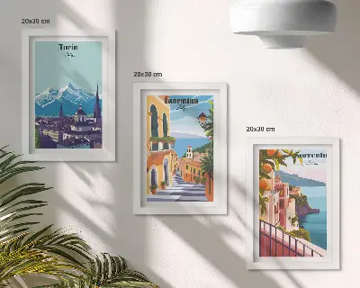 Colorful retro illustrative cityscape triptych framed wall art set