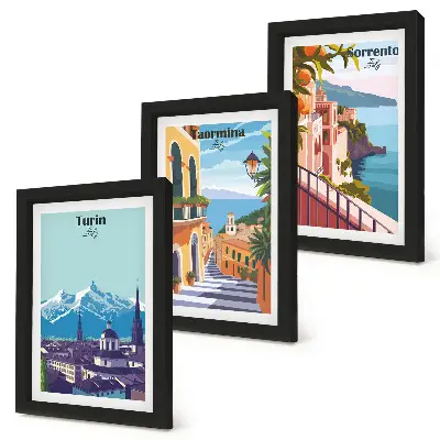Colorful retro illustrative cityscape triptych framed wall art set