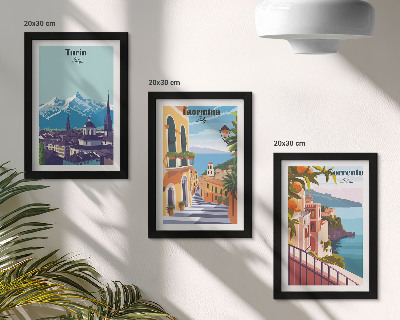 Framed triptych Colorful, retro-style illustrative cityscapes