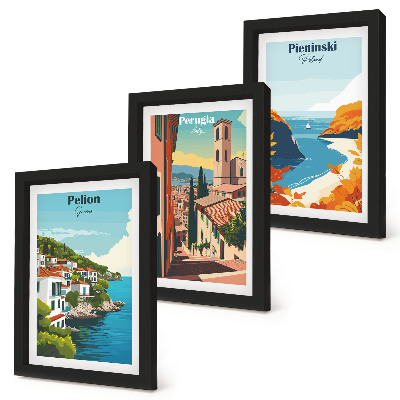3-piece wall art set Picturesque landscapes in a retro style