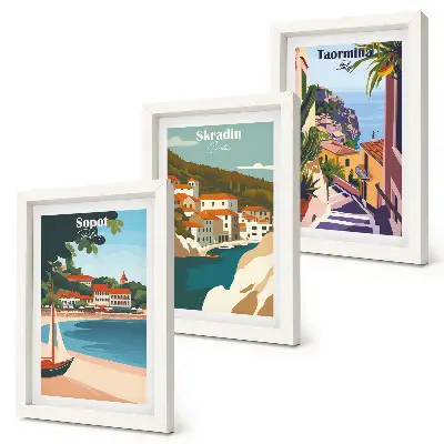 Photo frame wall with seaside city view illustrations