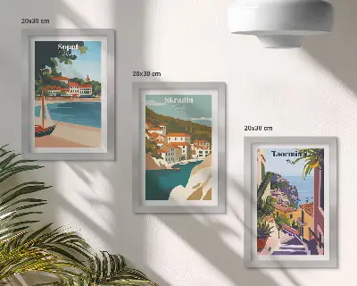 Photo frame wall with seaside city view illustrations