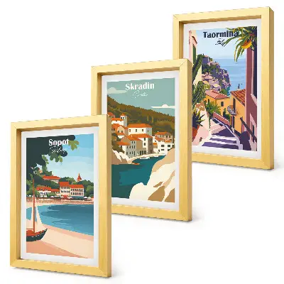 Photo frame wall with seaside city view illustrations